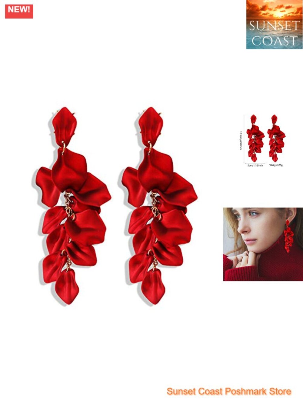 Acrylic Rose Petal Dangle Earrings French Wire Statement